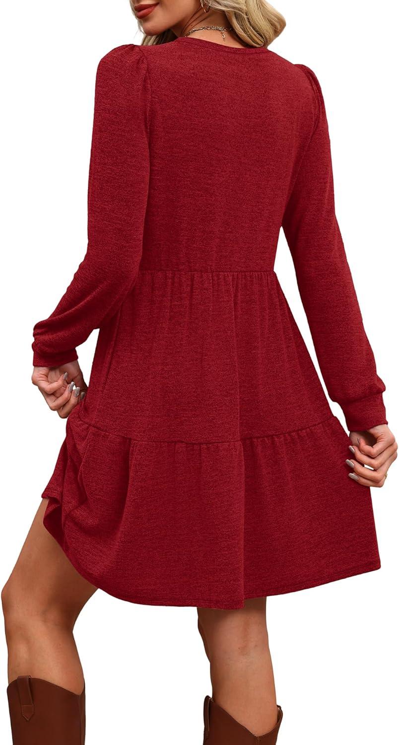 imageOFEEFAN Womens Long Sleeve Fall Dresses with Pockets Crew Neck Babydoll Casual Winter Dress 2025Red