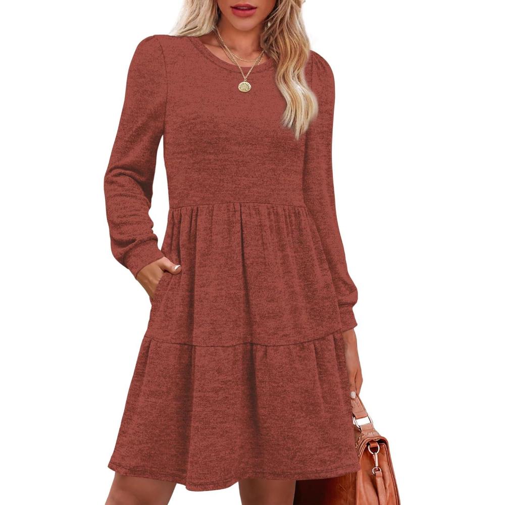 imageOFEEFAN Womens Long Sleeve Fall Dresses with Pockets Crew Neck Babydoll Casual Winter Dress 2025Caramel