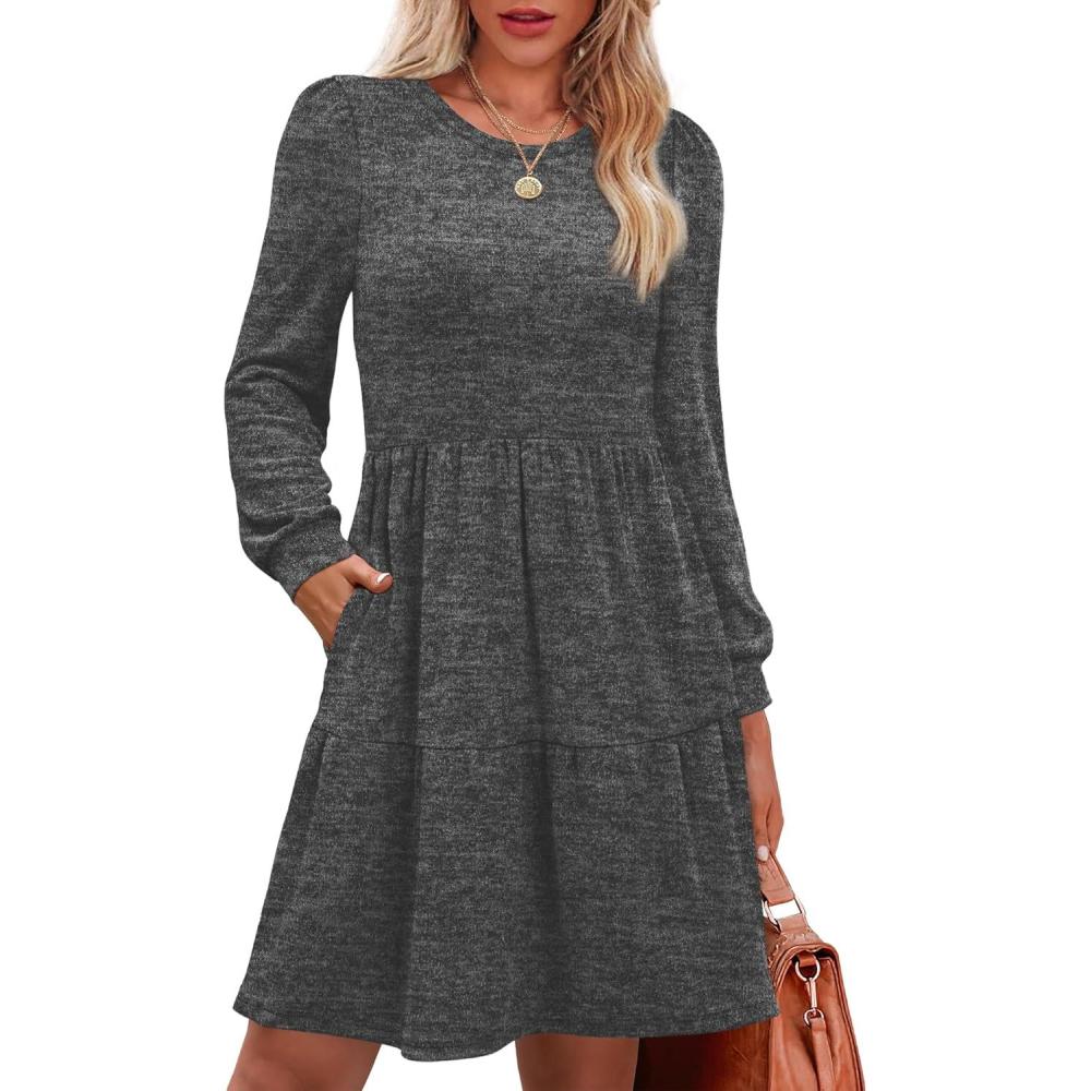 imageOFEEFAN Womens Long Sleeve Fall Dresses with Pockets Crew Neck Babydoll Casual Winter Dress 2025Dark Grey