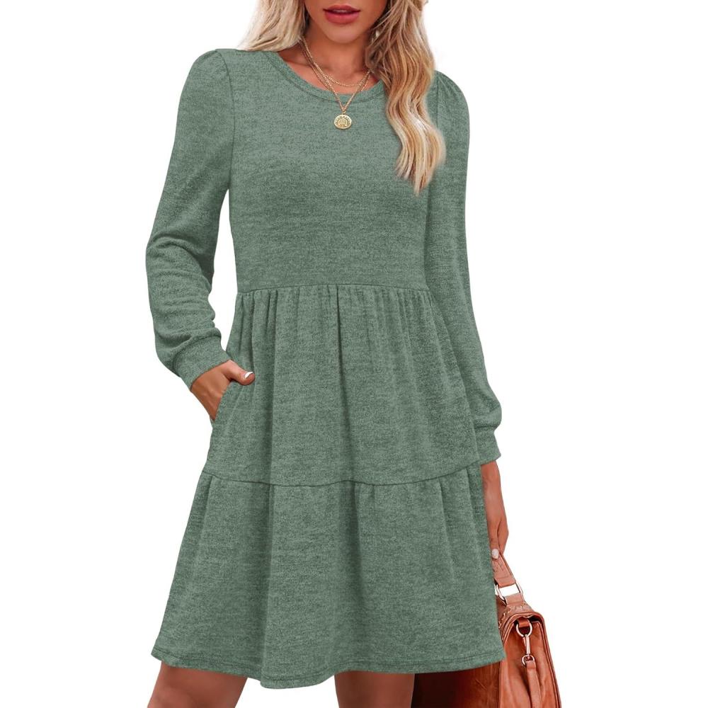 imageOFEEFAN Womens Long Sleeve Fall Dresses with Pockets Crew Neck Babydoll Casual Winter Dress 2025Green