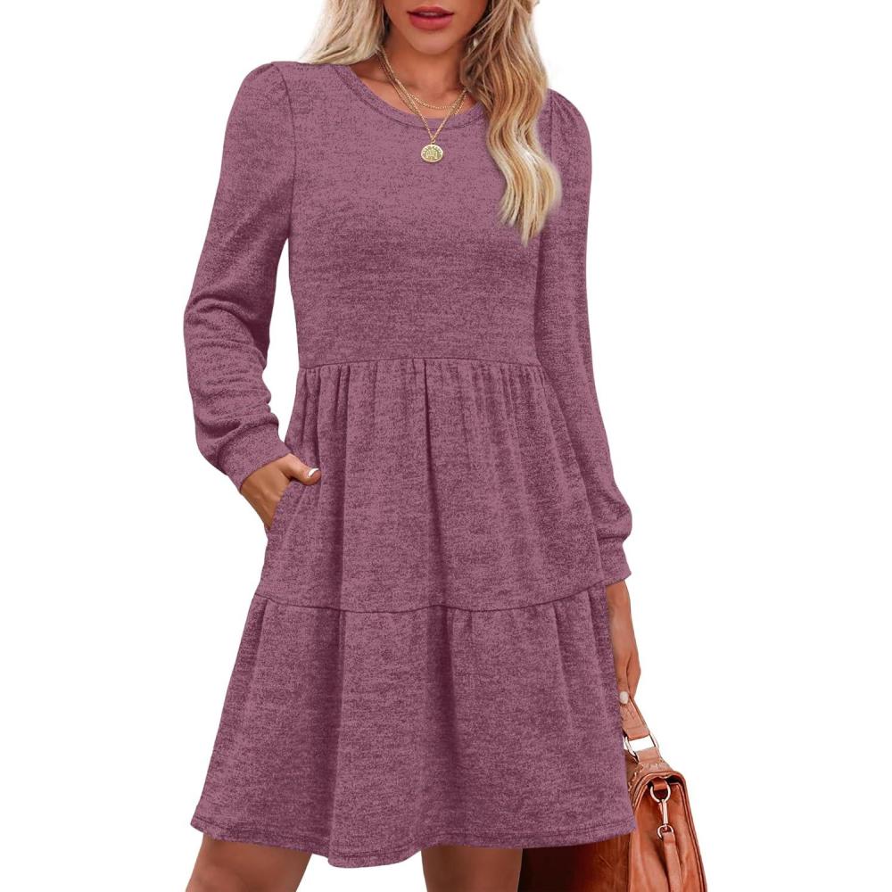 imageOFEEFAN Womens Long Sleeve Fall Dresses with Pockets Crew Neck Babydoll Casual Winter Dress 2025Purple
