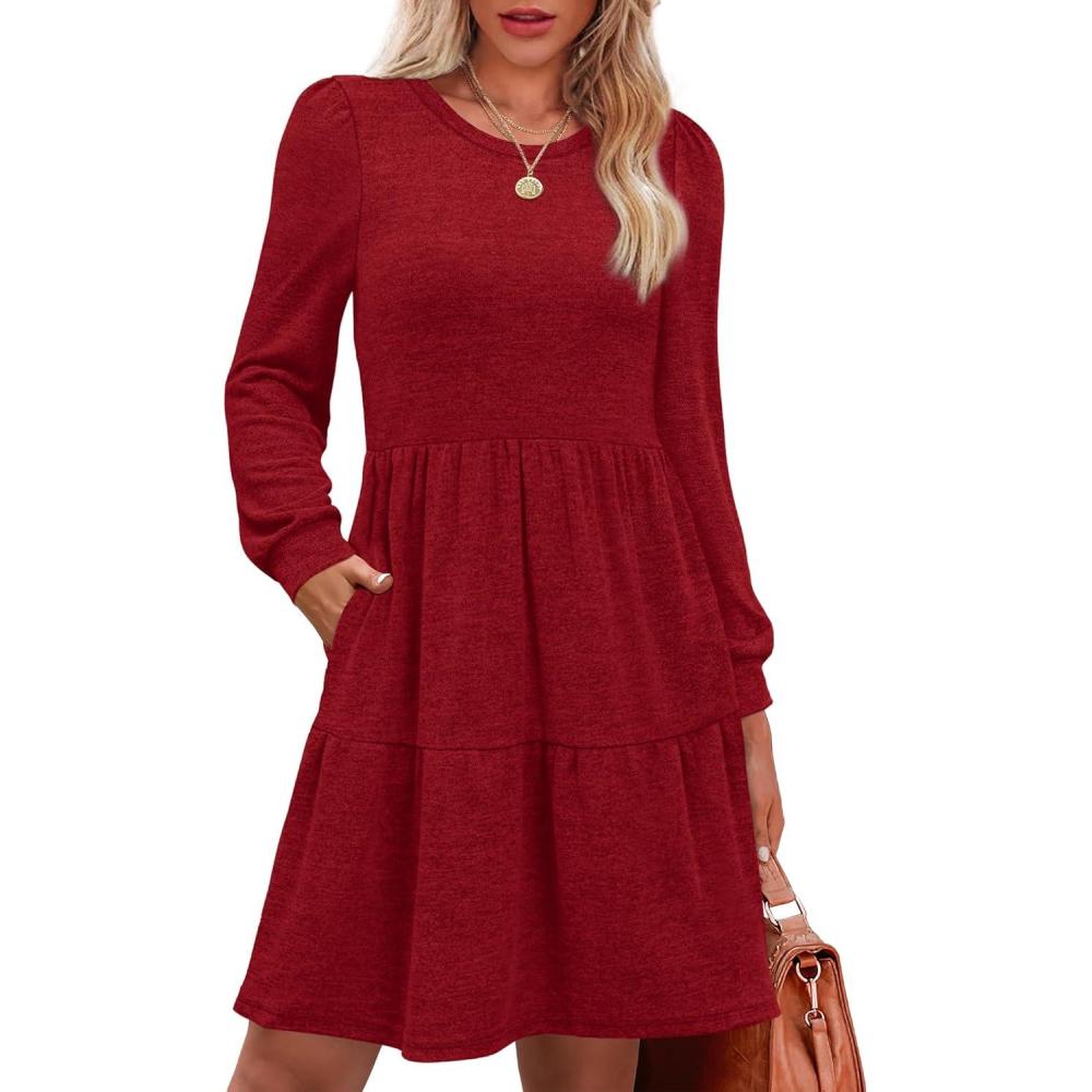 imageOFEEFAN Womens Long Sleeve Fall Dresses with Pockets Crew Neck Babydoll Casual Winter Dress 2025Red
