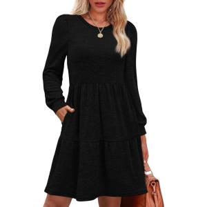 imageOFEEFAN Womens Long Sleeve Fall Dresses with Pockets Crew Neck Babydoll Casual Winter Dress 2025Black