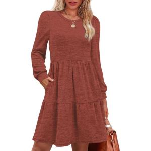 imageOFEEFAN Womens Long Sleeve Fall Dresses with Pockets Crew Neck Babydoll Casual Winter Dress 2025Caramel