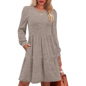 imageOFEEFAN Womens Long Sleeve Fall Dresses with Pockets Crew Neck Babydoll Casual Winter Dress 2025Khaki