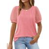 imageOFEEFAN Womens Summer Tops Pleated Swiss Dot Puff Sleeve Crew Neck T Shirts Loose Casual S3XLCcoral