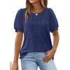imageOFEEFAN Womens Summer Tops Pleated Swiss Dot Puff Sleeve Crew Neck T Shirts Loose Casual S3XLDark Blue