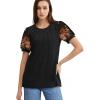 imageOFEEFAN Womens Summer Tops Pleated Swiss Dot Puff Sleeve Crew Neck T Shirts Loose Casual S3XLFloral Black