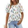 imageOFEEFAN Womens Summer Tops Pleated Swiss Dot Puff Sleeve Crew Neck T Shirts Loose Casual S3XLFloral Leaf