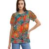 imageOFEEFAN Womens Summer Tops Pleated Swiss Dot Puff Sleeve Crew Neck T Shirts Loose Casual S3XLFloral Orange