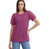 imageOFEEFAN Womens Summer Tops Pleated Swiss Dot Puff Sleeve Crew Neck T Shirts Loose Casual S3XLFmaroon