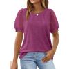 imageOFEEFAN Womens Summer Tops Pleated Swiss Dot Puff Sleeve Crew Neck T Shirts Loose Casual S3XLFmaroon