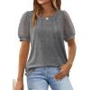 imageOFEEFAN Womens Summer Tops Pleated Swiss Dot Puff Sleeve Crew Neck T Shirts Loose Casual S3XLGrey