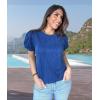 imageOFEEFAN Womens Summer Tops Pleated Swiss Dot Puff Sleeve Crew Neck T Shirts Loose Casual S3XLHblue
