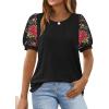 imageOFEEFAN Womens Summer Tops Pleated Swiss Dot Puff Sleeve Crew Neck T Shirts Loose Casual S3XLZ01black Floral