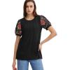 imageOFEEFAN Womens Summer Tops Pleated Swiss Dot Puff Sleeve Crew Neck T Shirts Loose Casual S3XLZ01black Floral