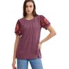 imageOFEEFAN Womens Summer Tops Pleated Swiss Dot Puff Sleeve Crew Neck T Shirts Loose Casual S3XLZ02wine Red