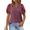 imageOFEEFAN Womens Summer Tops Pleated Swiss Dot Puff Sleeve Crew Neck T Shirts Loose Casual S3XLZ02wine Red