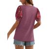 imageOFEEFAN Womens Summer Tops Pleated Swiss Dot Puff Sleeve Crew Neck T Shirts Loose Casual S3XLZ02wine Red