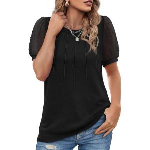 imageOFEEFAN Womens Summer Tops Pleated Swiss Dot Puff Sleeve Crew Neck T Shirts Loose Casual S3XLAblack