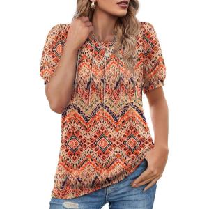 imageOFEEFAN Womens Summer Tops Pleated Swiss Dot Puff Sleeve Crew Neck T Shirts Loose Casual S3XLBoho Pink