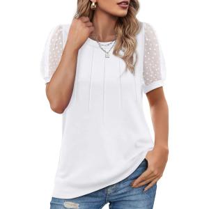 imageOFEEFAN Womens Summer Tops Pleated Swiss Dot Puff Sleeve Crew Neck T Shirts Loose Casual S3XLBwhite