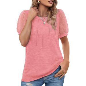 imageOFEEFAN Womens Summer Tops Pleated Swiss Dot Puff Sleeve Crew Neck T Shirts Loose Casual S3XLCcoral