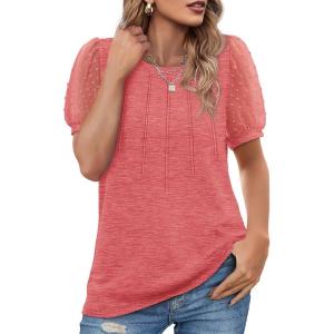 imageOFEEFAN Womens Summer Tops Pleated Swiss Dot Puff Sleeve Crew Neck T Shirts Loose Casual S3XLDark Pink