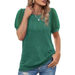 imageOFEEFAN Womens Summer Tops Pleated Swiss Dot Puff Sleeve Crew Neck T Shirts Loose Casual S3XLDgreen