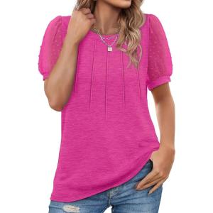 imageOFEEFAN Womens Summer Tops Pleated Swiss Dot Puff Sleeve Crew Neck T Shirts Loose Casual S3XLEhot Pink