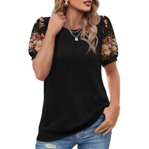 imageOFEEFAN Womens Summer Tops Pleated Swiss Dot Puff Sleeve Crew Neck T Shirts Loose Casual S3XLFloral Black