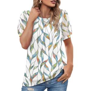 imageOFEEFAN Womens Summer Tops Pleated Swiss Dot Puff Sleeve Crew Neck T Shirts Loose Casual S3XLFloral Leaf