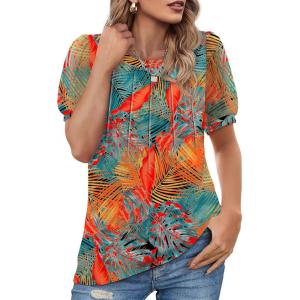 imageOFEEFAN Womens Summer Tops Pleated Swiss Dot Puff Sleeve Crew Neck T Shirts Loose Casual S3XLFloral Orange