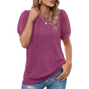 imageOFEEFAN Womens Summer Tops Pleated Swiss Dot Puff Sleeve Crew Neck T Shirts Loose Casual S3XLFmaroon