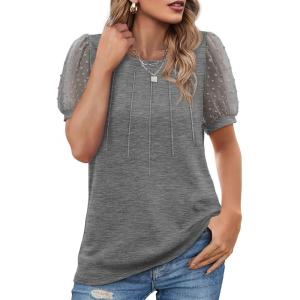 imageOFEEFAN Womens Summer Tops Pleated Swiss Dot Puff Sleeve Crew Neck T Shirts Loose Casual S3XLGrey