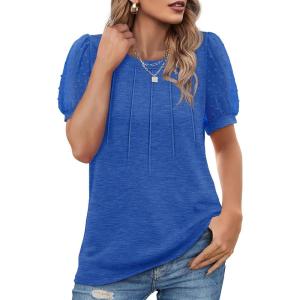 imageOFEEFAN Womens Summer Tops Pleated Swiss Dot Puff Sleeve Crew Neck T Shirts Loose Casual S3XLHblue