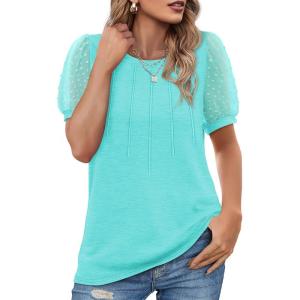 imageOFEEFAN Womens Summer Tops Pleated Swiss Dot Puff Sleeve Crew Neck T Shirts Loose Casual S3XLLake Green