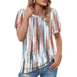 imageOFEEFAN Womens Summer Tops Pleated Swiss Dot Puff Sleeve Crew Neck T Shirts Loose Casual S3XLTie Dye White
