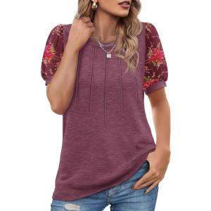 imageOFEEFAN Womens Summer Tops Pleated Swiss Dot Puff Sleeve Crew Neck T Shirts Loose Casual S3XLZ02wine Red
