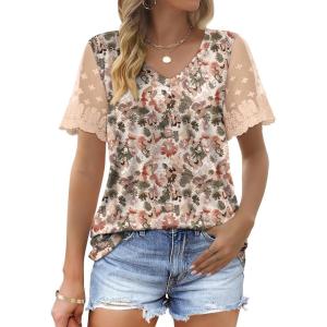 imageOFEEFAN Casual V Neck T Shirts for Women Lace Short Sleeve Curved Hem Tops Loose Fit07print Floral