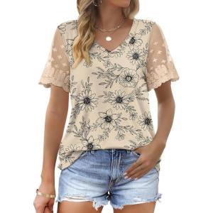 imageOFEEFAN Casual V Neck T Shirts for Women Lace Short Sleeve Curved Hem Tops Loose Fit07print Flowers