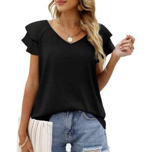 imageOFEEFAN Womens Summer Tops Ruffle Short Sleeve V Neck TShirts Casual Loose Fit1a Black