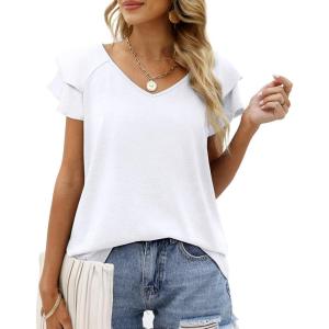 imageOFEEFAN Womens Summer Tops Ruffle Short Sleeve V Neck TShirts Casual Loose Fit1a White