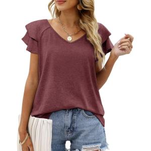 imageOFEEFAN Womens Summer Tops Ruffle Short Sleeve V Neck TShirts Casual Loose Fit2a Burgundy