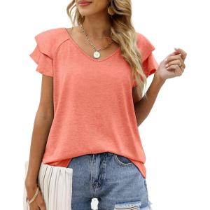 imageOFEEFAN Womens Summer Tops Ruffle Short Sleeve V Neck TShirts Casual Loose Fit2a Coral