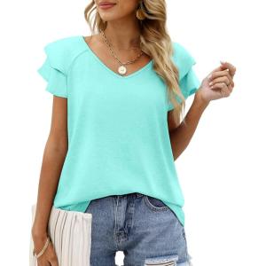 imageOFEEFAN Womens Summer Tops Ruffle Short Sleeve V Neck TShirts Casual Loose Fit3a Aqua