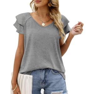 imageOFEEFAN Womens Summer Tops Ruffle Short Sleeve V Neck TShirts Casual Loose FitC Grey