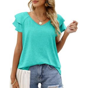 imageOFEEFAN Womens Summer Tops Ruffle Short Sleeve V Neck TShirts Casual Loose FitD Cyan