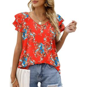 imageOFEEFAN Womens Summer Tops Ruffle Short Sleeve V Neck TShirts Casual Loose FitF Floral Red