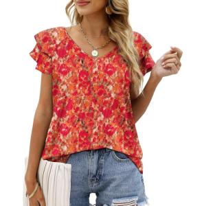 imageOFEEFAN Womens Summer Tops Ruffle Short Sleeve V Neck TShirts Casual Loose FitFloral Multicolor